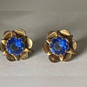 Vintage Gold/Brass tone Earrings with Blue Stones